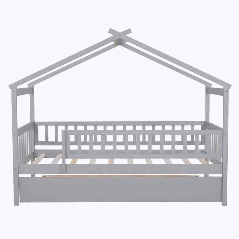 House-Shaped Kids Platform Bed with Roll-Out Trundle, Wood Frame