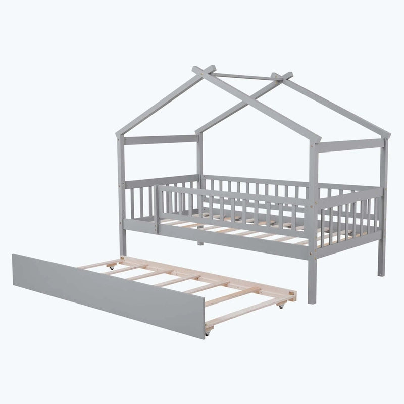 House-Shaped Kids Platform Bed with Roll-Out Trundle, Wood Frame
