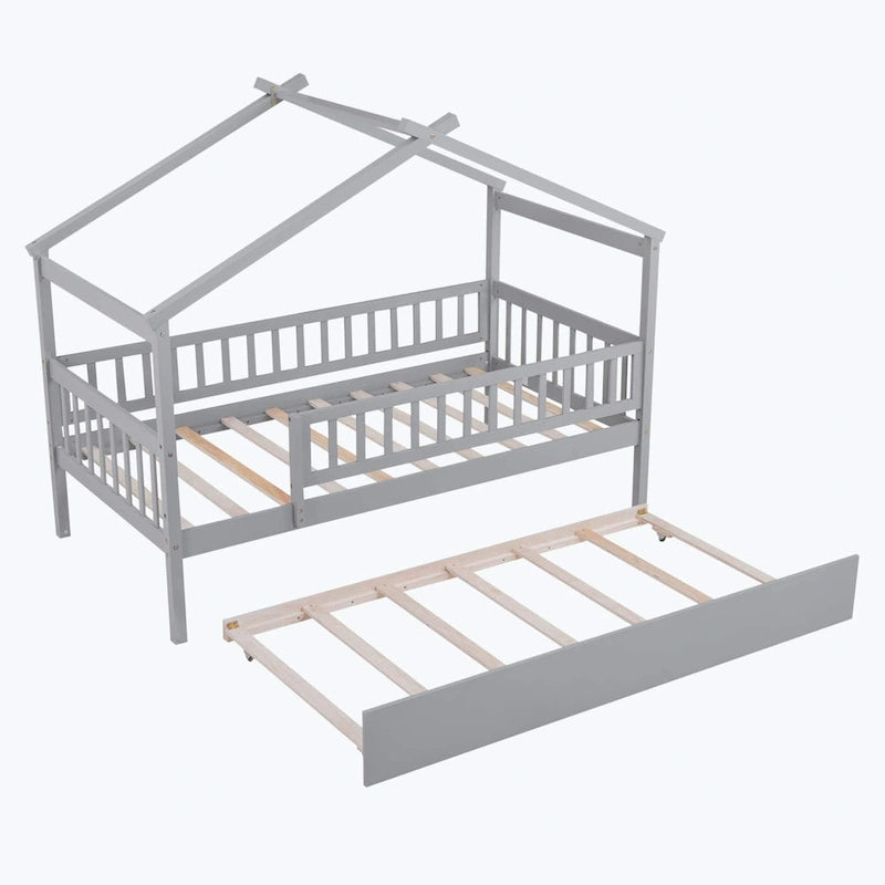 House-Shaped Kids Platform Bed with Roll-Out Trundle, Wood Frame