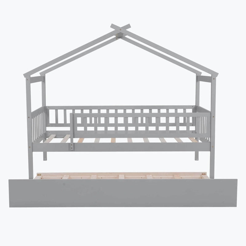 House-Shaped Kids Platform Bed with Roll-Out Trundle, Wood Frame