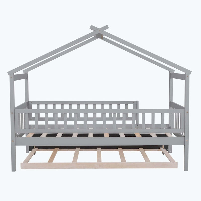 House-Shaped Kids Platform Bed with Roll-Out Trundle, Wood Frame