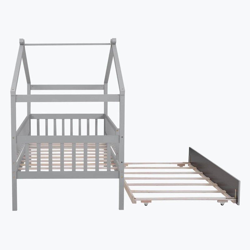 House-Shaped Kids Platform Bed with Roll-Out Trundle, Wood Frame