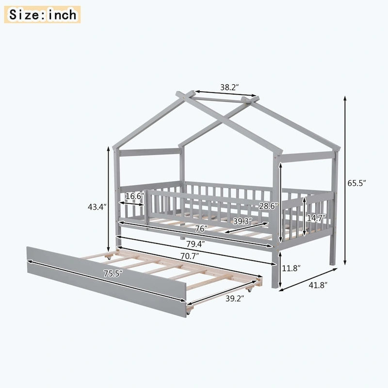 House-Shaped Kids Platform Bed with Roll-Out Trundle, Wood Frame