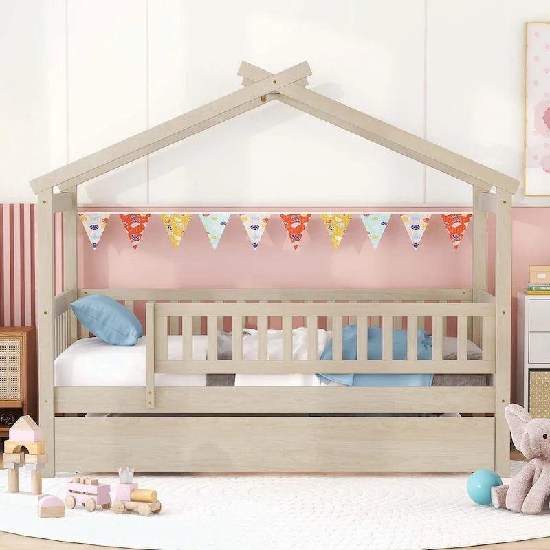 House-Shaped Kids Platform Bed with Roll-Out Trundle, Wood Frame