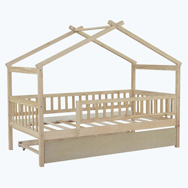 House-Shaped Kids Platform Bed with Roll-Out Trundle, Wood Frame