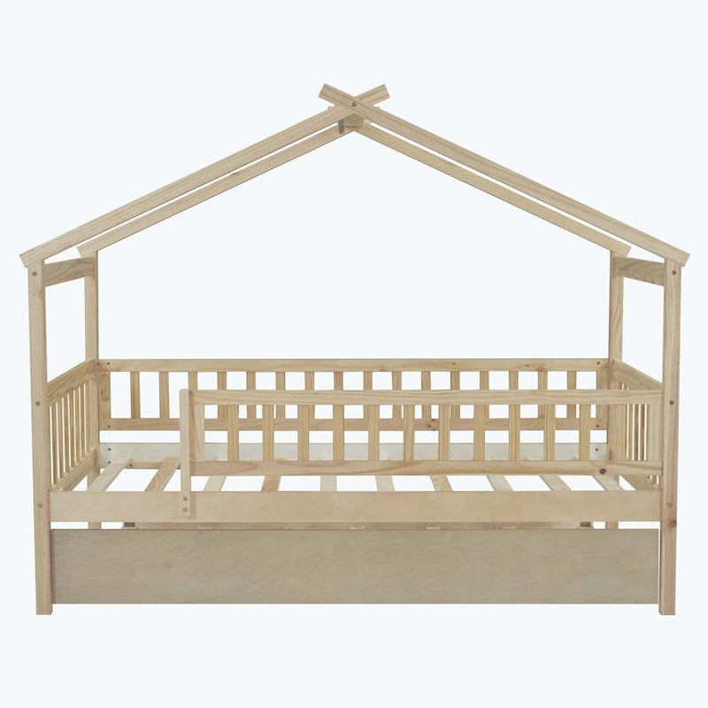 House-Shaped Kids Platform Bed with Roll-Out Trundle, Wood Frame