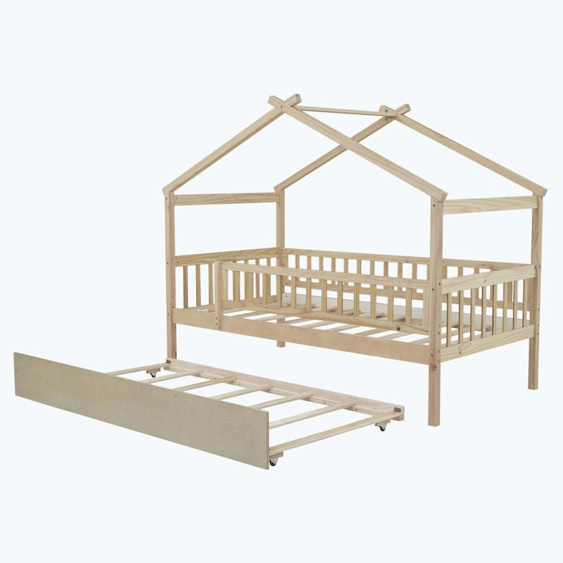 House-Shaped Kids Platform Bed with Roll-Out Trundle, Wood Frame