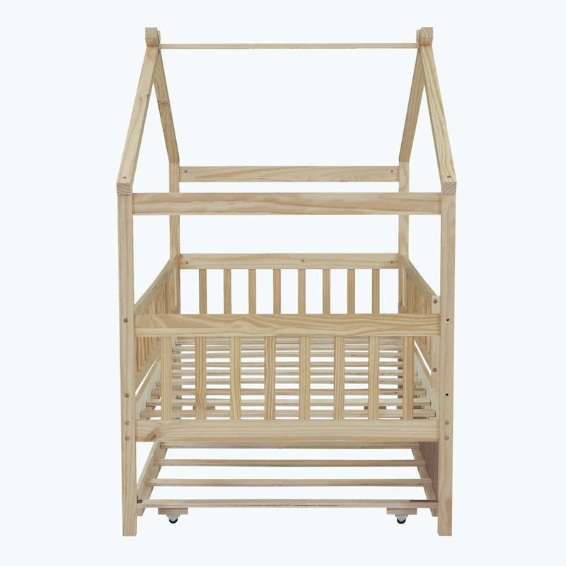 House-Shaped Kids Platform Bed with Roll-Out Trundle, Wood Frame