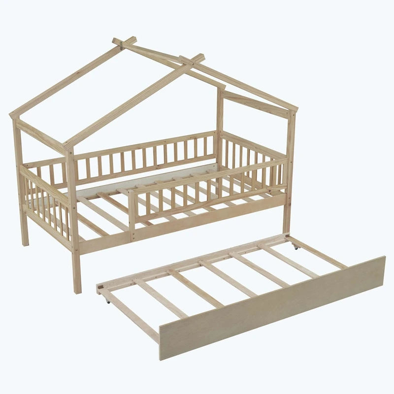 House-Shaped Kids Platform Bed with Roll-Out Trundle, Wood Frame