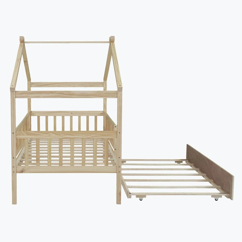 House-Shaped Kids Platform Bed with Roll-Out Trundle, Wood Frame