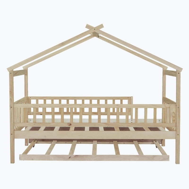 House-Shaped Kids Platform Bed with Roll-Out Trundle, Wood Frame