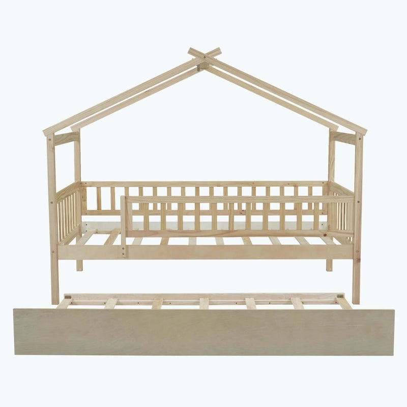 House-Shaped Kids Platform Bed with Roll-Out Trundle, Wood Frame