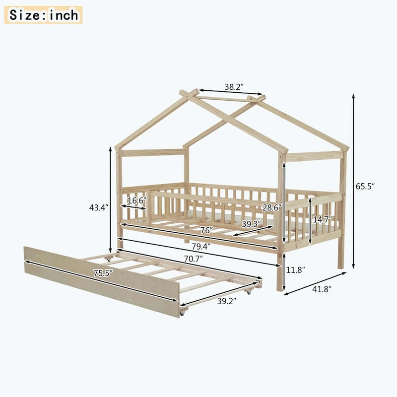 House-Shaped Kids Platform Bed with Roll-Out Trundle, Wood Frame