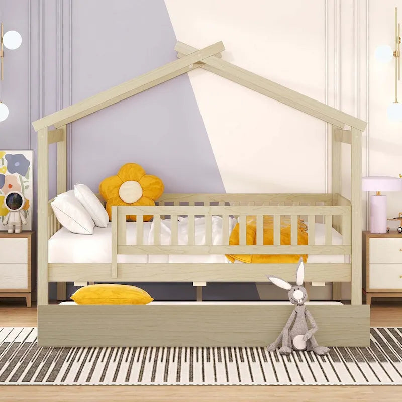 House-Shaped Kids Platform Bed with Roll-Out Trundle, Wood Frame
