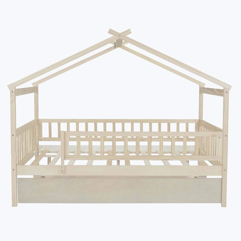 House-Shaped Kids Platform Bed with Roll-Out Trundle, Wood Frame