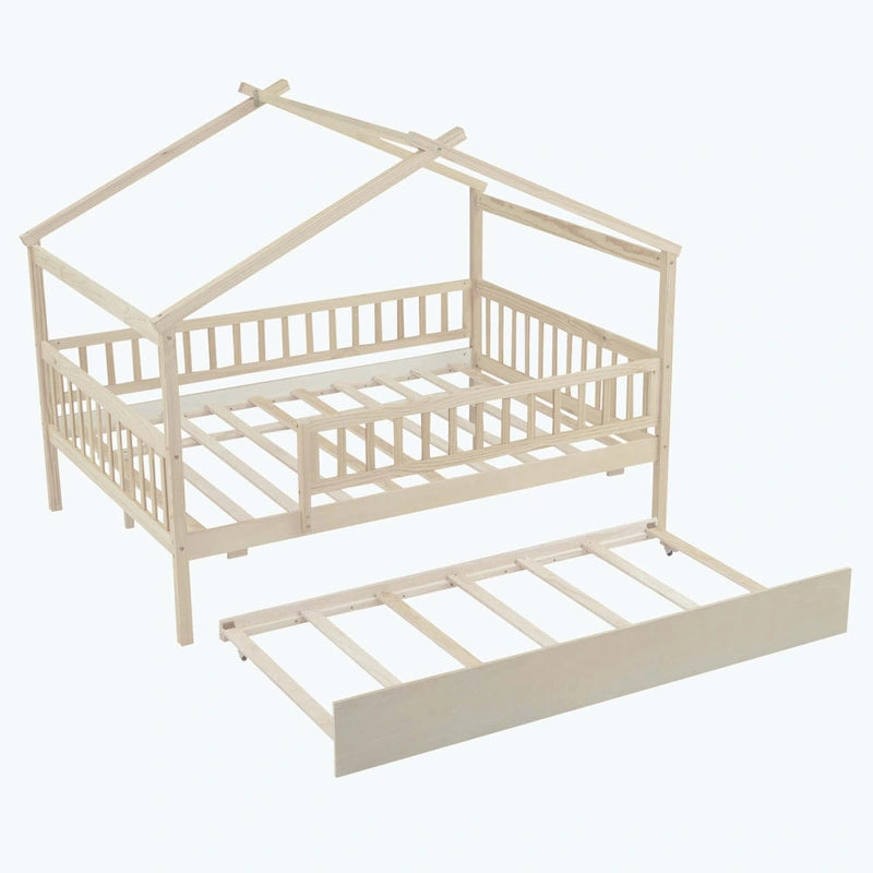 House-Shaped Kids Platform Bed with Roll-Out Trundle, Wood Frame