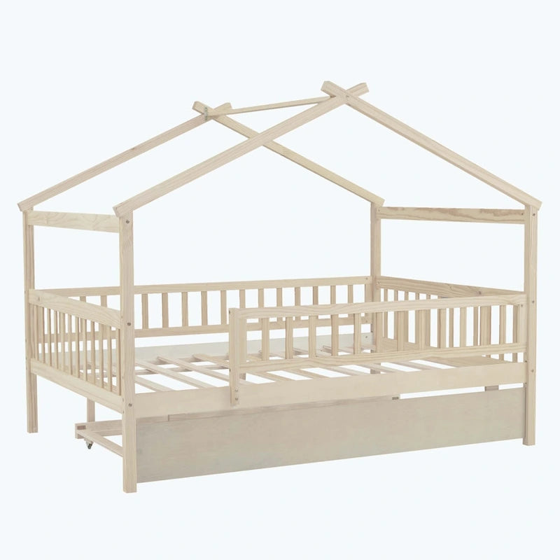 House-Shaped Kids Platform Bed with Roll-Out Trundle, Wood Frame