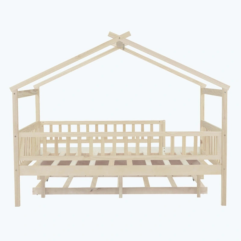 House-Shaped Kids Platform Bed with Roll-Out Trundle, Wood Frame