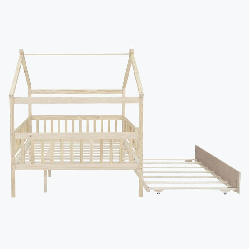House-Shaped Kids Platform Bed with Roll-Out Trundle, Wood Frame