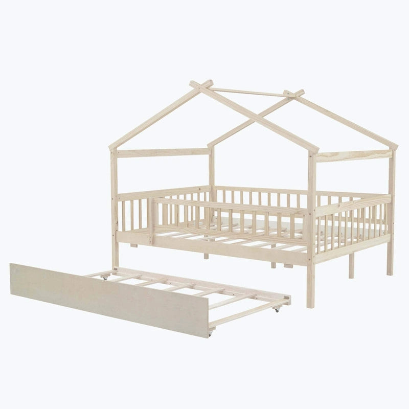 House-Shaped Kids Platform Bed with Roll-Out Trundle, Wood Frame