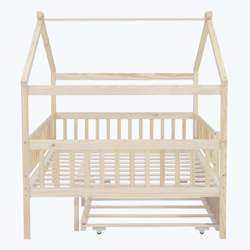 House-Shaped Kids Platform Bed with Roll-Out Trundle, Wood Frame