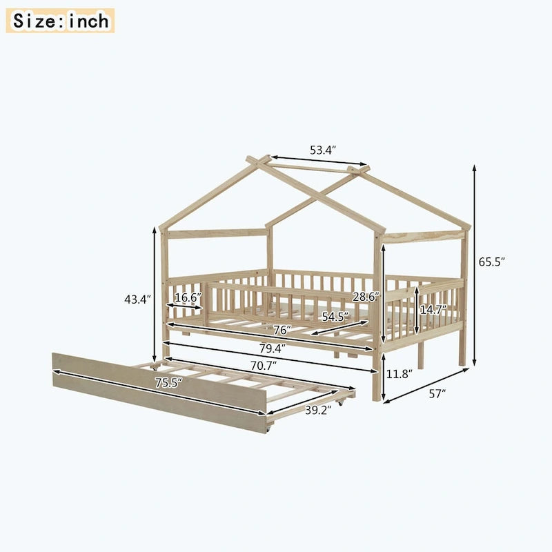 House-Shaped Kids Platform Bed with Roll-Out Trundle, Wood Frame