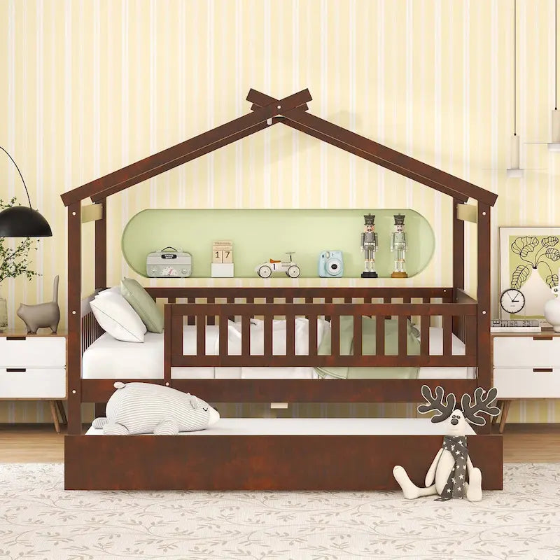 House-Shaped Kids Platform Bed with Roll-Out Trundle, Wood Frame