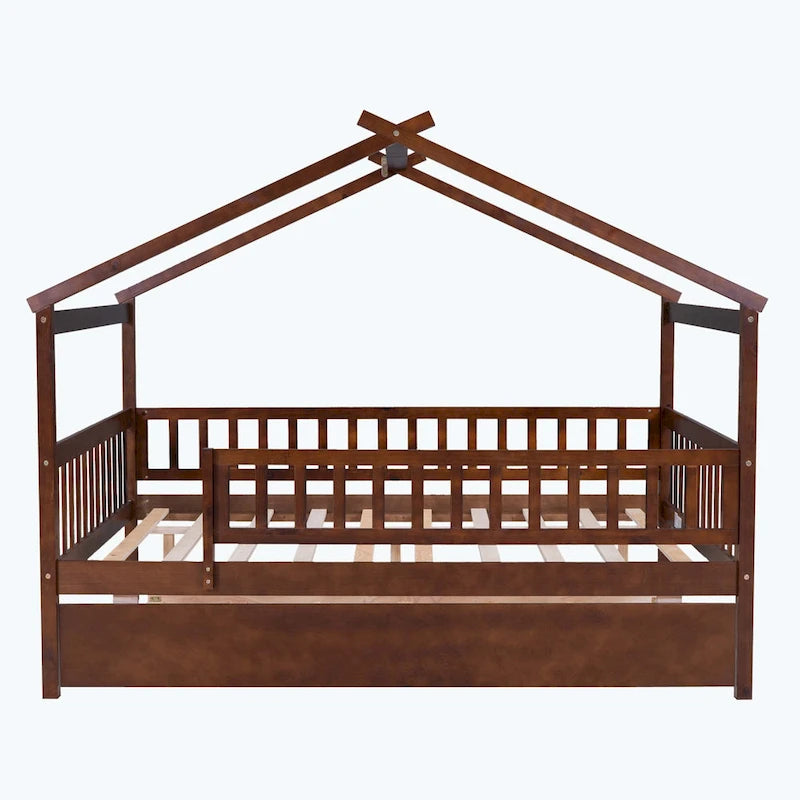 House-Shaped Kids Platform Bed with Roll-Out Trundle, Wood Frame