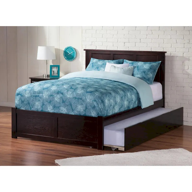 Full Size Solid Wood Platform Bed with Footboard and Pull-Out Trundle Multi-Color