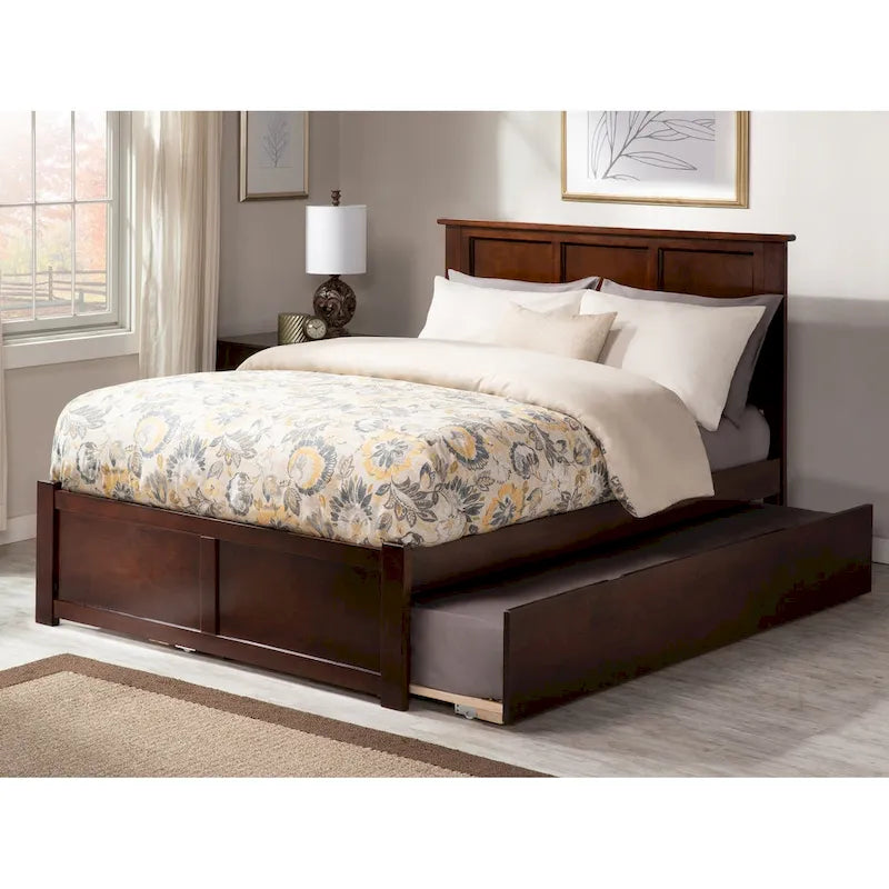 Full Size Solid Wood Platform Bed with Footboard and Pull-Out Trundle Multi-Color
