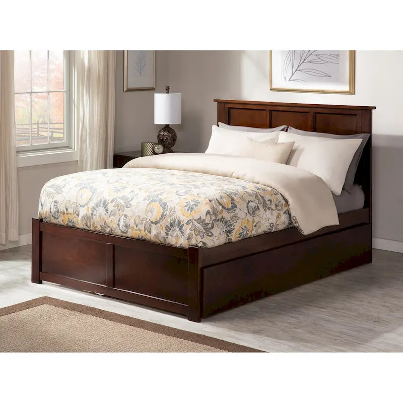 Full Size Solid Wood Platform Bed with Footboard and Pull-Out Trundle Multi-Color