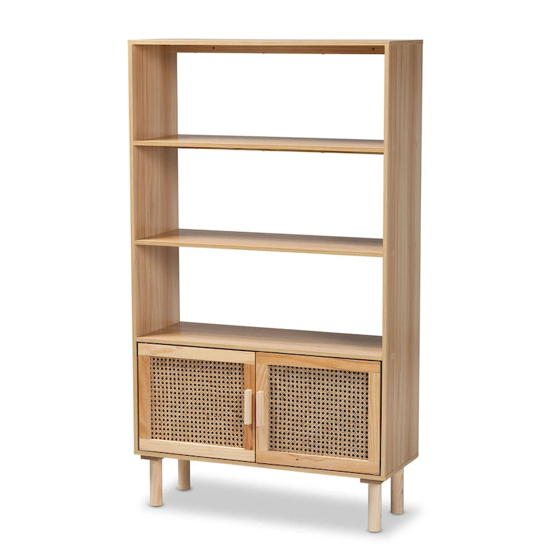 Mid-Century Modern Wooden Bookcase with Rattan Doors Natural Brown Beige