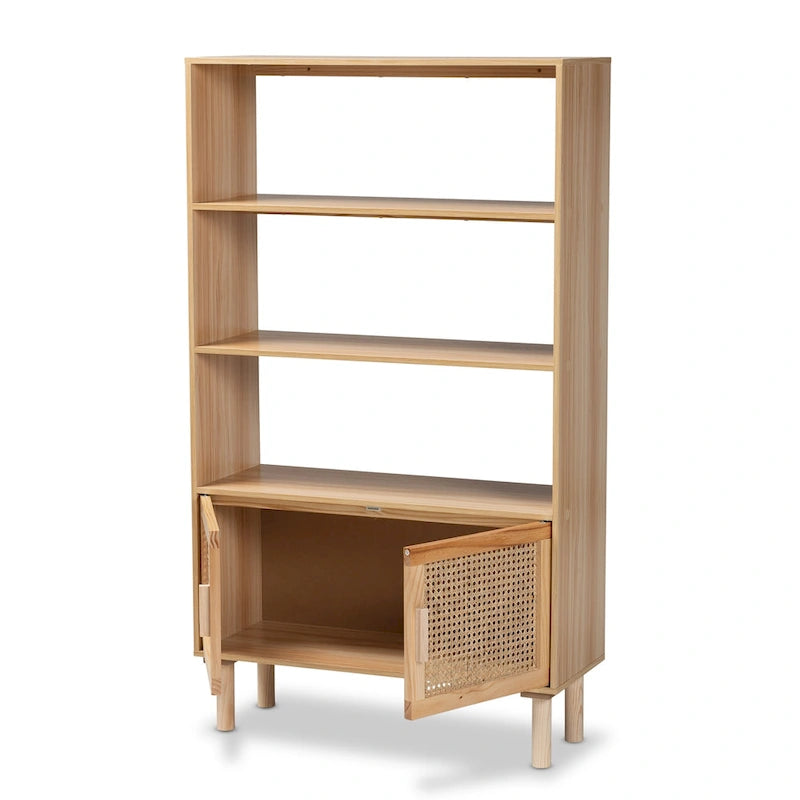 Mid-Century Modern Wooden Bookcase with Rattan Doors Natural Brown Beige