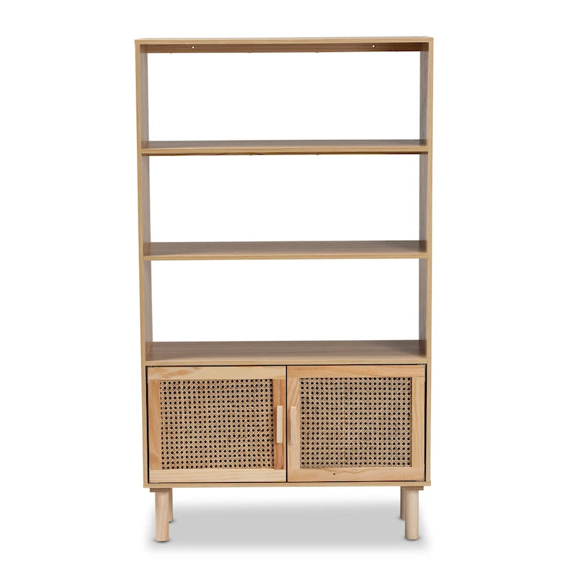Mid-Century Modern Wooden Bookcase with Rattan Doors Natural Brown Beige