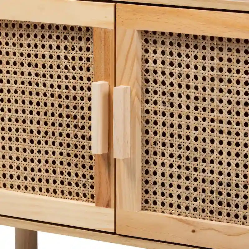 Mid-Century Modern Wooden Bookcase with Rattan Doors Natural Brown Beige