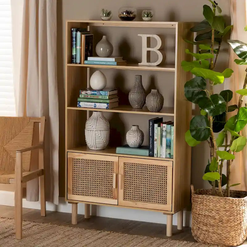 Mid-Century Modern Wooden Bookcase with Rattan Doors Natural Brown Beige