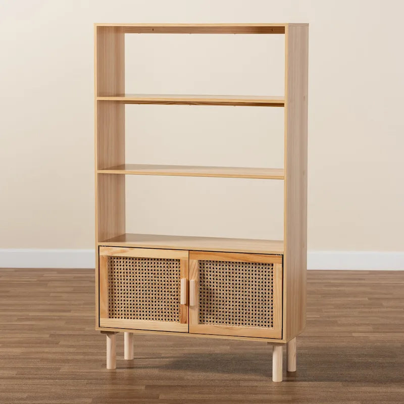 Mid-Century Modern Wooden Bookcase with Rattan Doors Natural Brown Beige