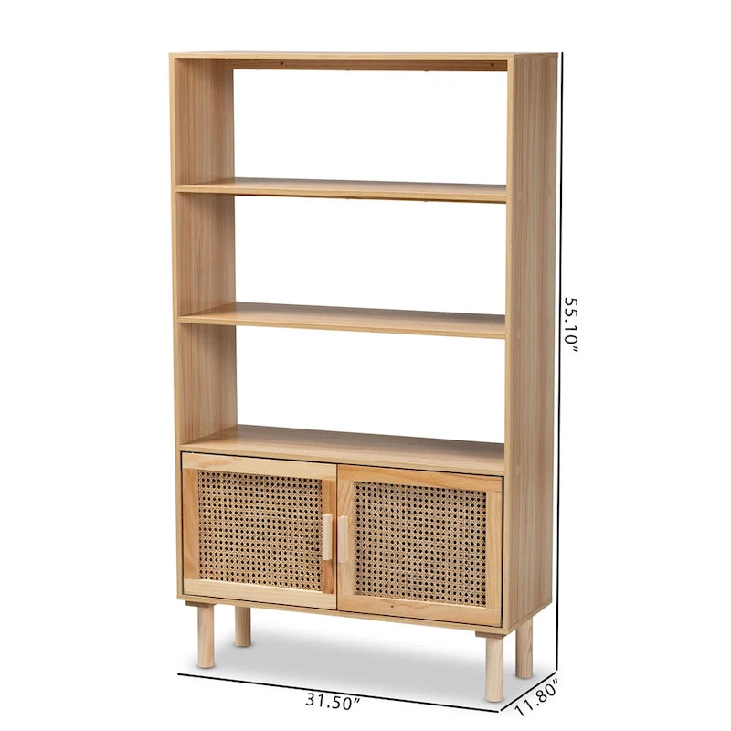 Mid-Century Modern Wooden Bookcase with Rattan Doors Natural Brown Beige