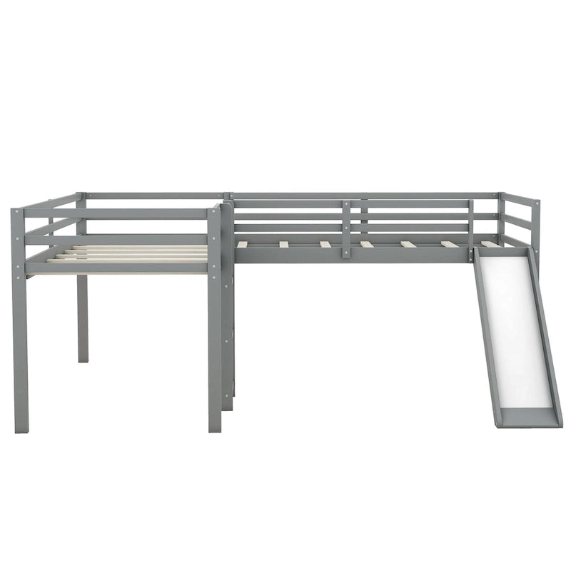 L-Shaped Twin Loft Bed with Slide Ladder Corner Space-Saving Gray