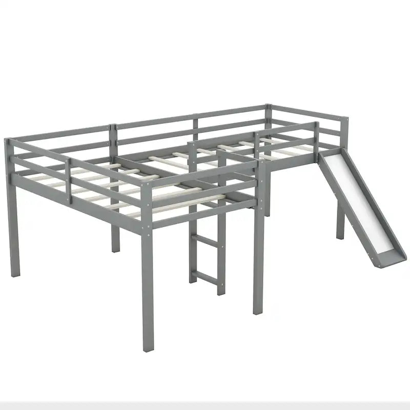 L-Shaped Twin Loft Bed with Slide Ladder Corner Space-Saving Gray