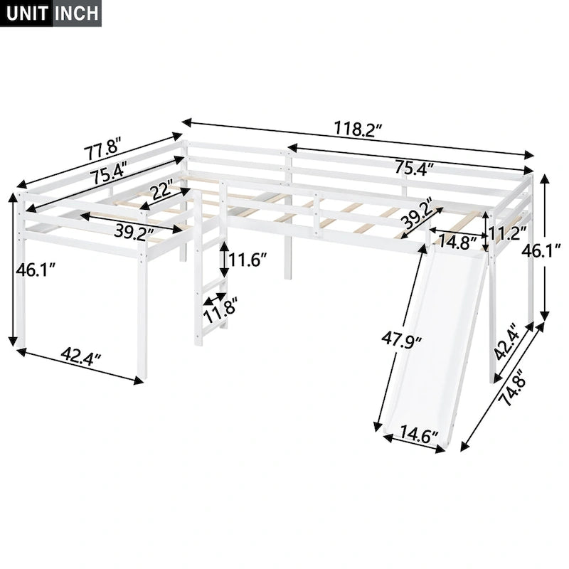 L-Shaped Twin Loft Bed with Slide Ladder Corner Space-Saving Gray