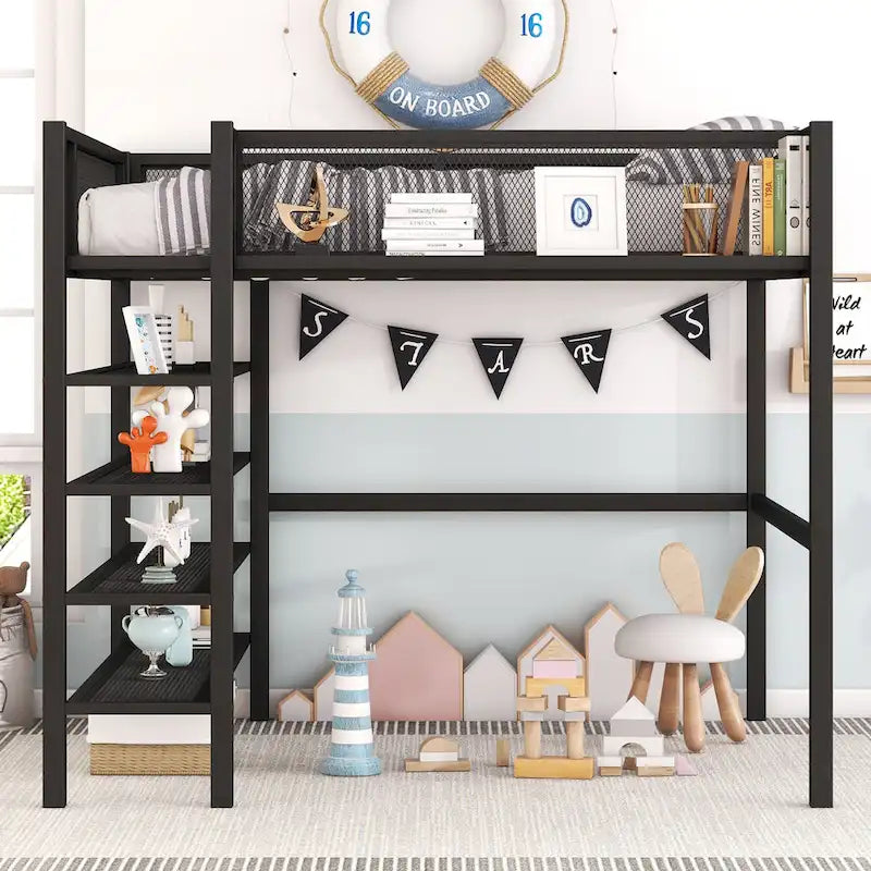 Full Size Metal Loft Bed with 4-Tier Shelves and Storage, Black