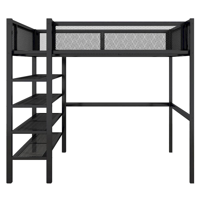 Full Size Metal Loft Bed with 4-Tier Shelves and Storage, Black