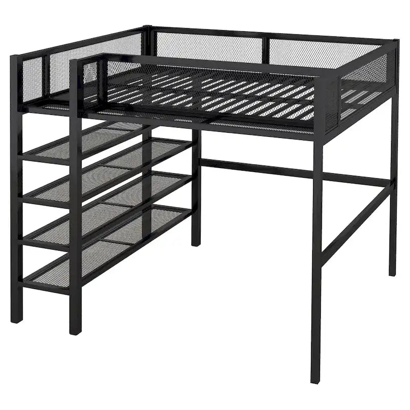 Full Size Metal Loft Bed with 4-Tier Shelves and Storage, Black