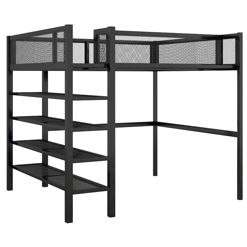 Full Size Metal Loft Bed with 4-Tier Shelves and Storage, Black