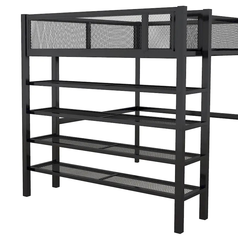 Full Size Metal Loft Bed with 4-Tier Shelves and Storage, Black
