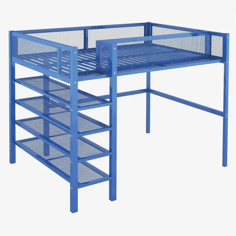 Full Size Metal Loft Bed with 4-Tier Shelves and Storage, Black