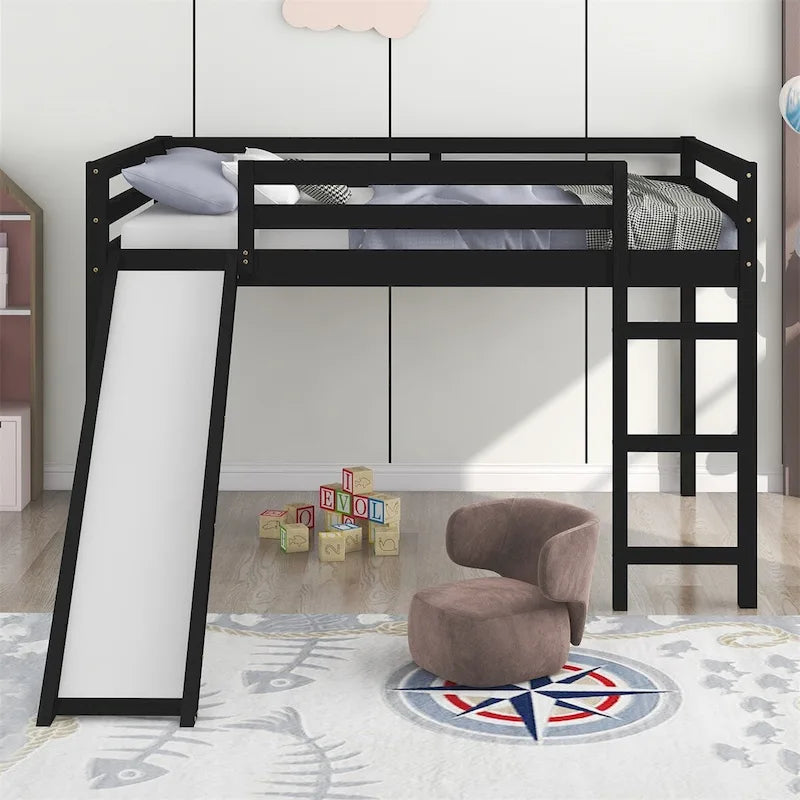 Full Size Loft Bed with Slide, Safety Rail and Ladder – Espresso / Grey / White