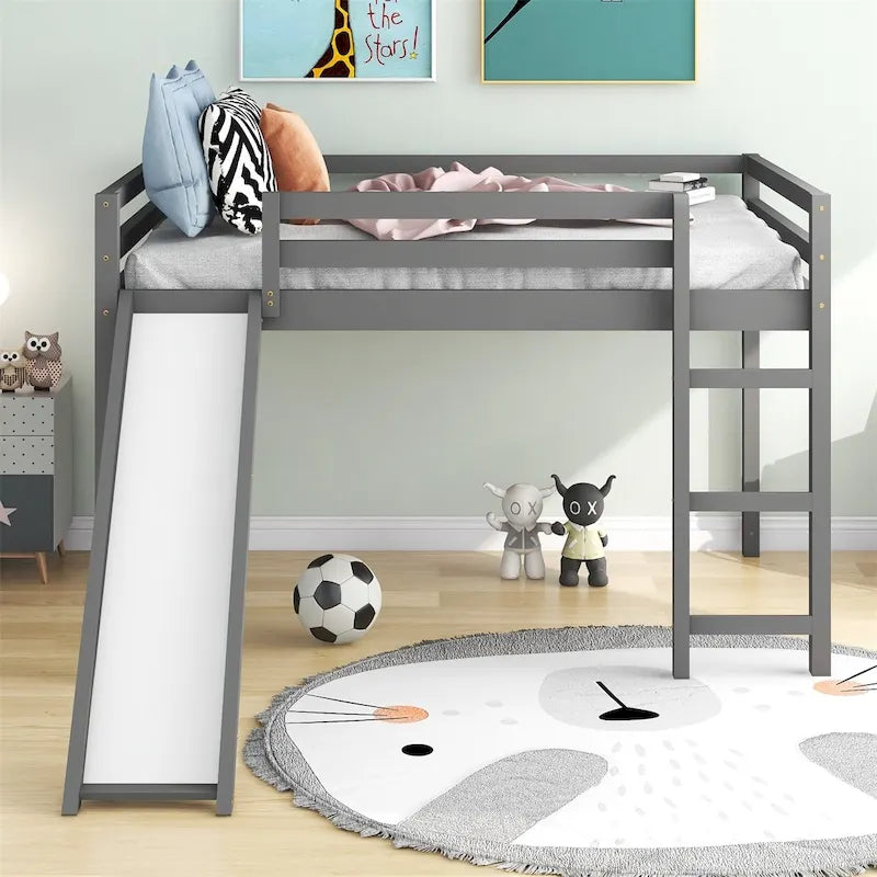 Full Size Loft Bed with Slide, Safety Rail and Ladder – Espresso / Grey / White