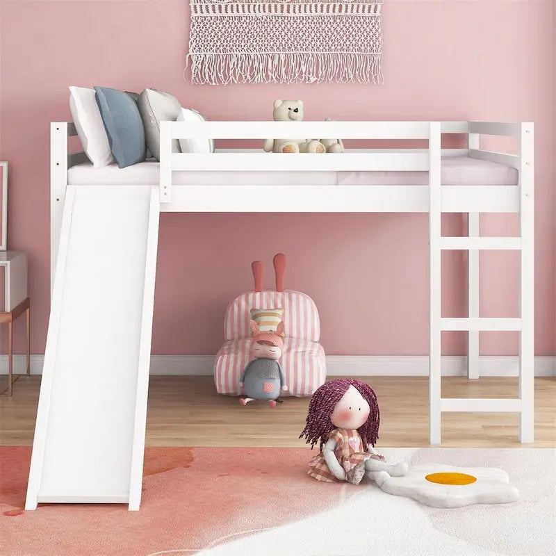 Full Size Loft Bed with Slide, Safety Rail and Ladder – Espresso / Grey / White